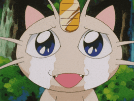 Anime gif. Meowth from Pokémon looks at us as he cries from happiness. His eyes sparkle and tears stream down his cheek like waterfalls.