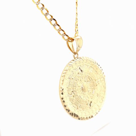 14k Gold Medium Aztec Calendar Pendant with Cuban Link Chain — MyAZGold