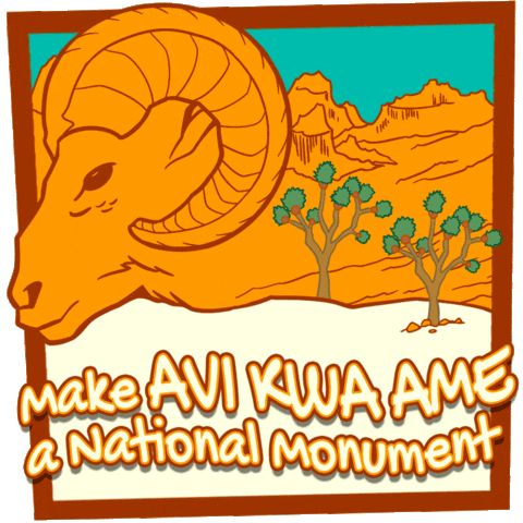 Illustrated gif. Dark orange ram head merges with red rock peaks behind a pair of Joshua trees. Its head nods and blinks at the edge of a square icon on a white background. Text, "Make Avi Kwa Ame a national monument."