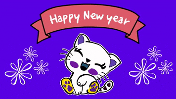 Illustrated gif. Smiling white cat closes its eyes as it tilts it head to the side beneath a banner that reads, "Happy New Year."