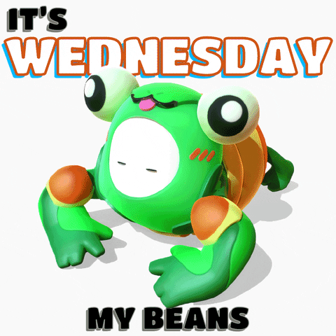 Video game gif. Frog from Fall Guys crouches on all fours and smiles. Text, "It's Wednesday, my beans."