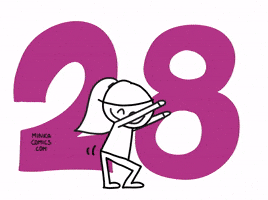 Illustrated gif. A woman drawn in black and white has her hair in a ponytail. She dances happily in front of a big number 28, which flashes different colors. She grins widely and her arms are outstretched.  