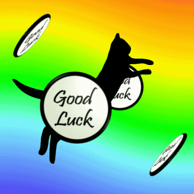 Digital art gif. Silhouette of a cat leaping in the air rotates left and right over a spirally rainbow background. Four coin shapes that read "Good Luck" circle around the cat like a planetary ring.