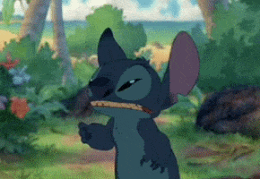 Disney gif. Stitch from Lilo and Stitch grimaces and claws at his eyelids.