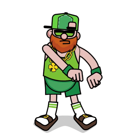Cartoon gif. A red bearded man dressed like a hip-hop leprechaun in all green wears a four leaf clover chain necklace and wobbles his legs as he dances. 