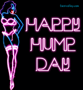 Text gif. Flickering neon outline illustration of a buxom woman in lingerie next to pink glowing neon text that reads "Happy hump day."