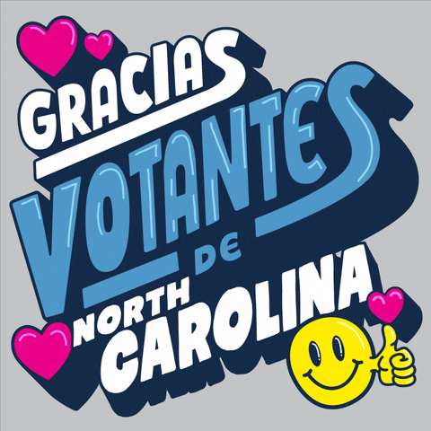 Digital art gif. White and steel blue 3D bubble letters bob in and out on an aluminum gray background, surrounded by hot pink hearts and a smiley face giving a thumbs up. Text, "Gracias votantes de North Carolina."
