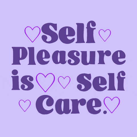 Text gif. Amongst pulsating purple hearts over a lilac background reads the message, “Self pleasure is self care.”