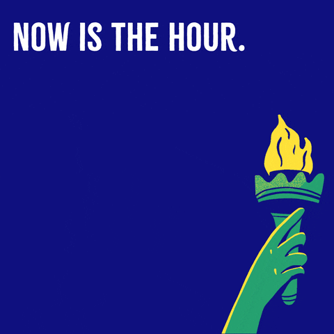 Illustrated gif. Lemon yellow flames flicker on the green torch held up by the hand of the Statue of Liberty as white and aqua blue text appears on a royal blue background. Quoted text, "Now if the hour. The moment of our responsibility. Our test of resolve and conscience, of history itself."