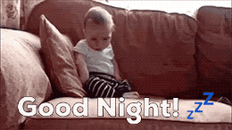 Video gif. Seated on a couch, a baby lazily falls forward onto the cushion, landing on their face. Text, "Good night! Zzz"