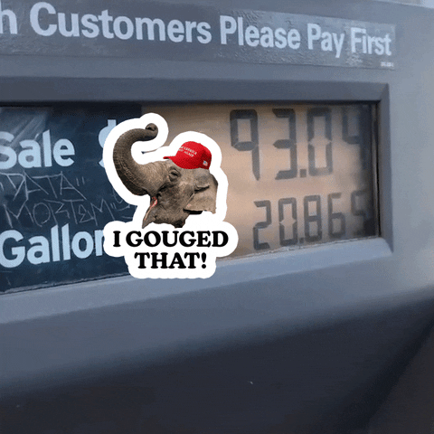 Digital art gif. Digital art gif. Sticker featuring an elephant wearing a red MAGA hat that reads, “I gouged that!” floats above a gas pump that is ticking up rapidly.