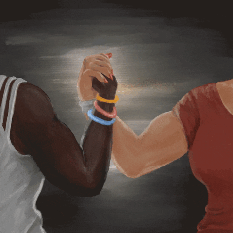 Digital art gif. Two people flex their biceps as they clasp hands in front of a gray-painted background. Text, “Los derechos reproductivos y LGBTQ+ = la lucha por decidir sobre nuestros cuerpos.”