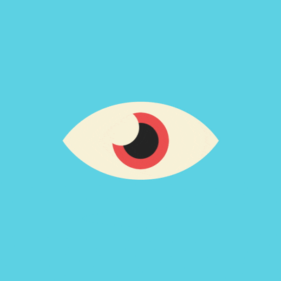 Digital art gif. A simple eye ball with a red iris on a blue background. The eye looks left and right, then at us and blinks.