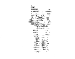 Video gif. A cat made out of Ascii code, which is random letters, numbers, and dots, dances side to side.