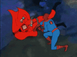 Cartoon gif. Spider Man kneels and throws fists at a red villian. The villain shows back punches as he floats sideways in the air 