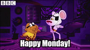 Cartoon gif. In a dimly lit living room, Danger Mouse and Penfold bust a move in unison. Text, "Happy Monday!"