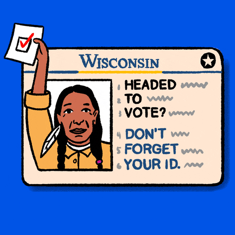 Digital art gif. Wisconsin identification card against a bright blue background flashes four different profiles, holding up a ballot, including a Native American man, a White woman, a Black woman, and a Latinx man. The ID card reads, “Headed to vote? Don’t forget your ID.”