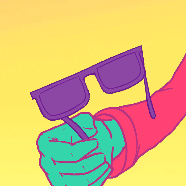 Illustrated gif. Closeup of a seafoam green hand as it flips a pair of purple sunglasses that land on the smiling face of a seafoam green creature. Text, "U mad?"