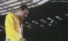 Celebrity gif. Freddie Mercury raises an arm into the air as he walks on a stage. Text, "This."