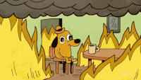 This Is Fine animated image with dog sitting amidst burning room, picks up a coffee cup and states "this is fine"