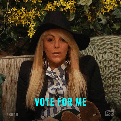 GIF of a woman in a wide-brimmed hat saying "vote for me"