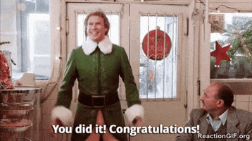 Movie gif. Buddy the Elf in Elf stands in a small coffee shop with a goofy smile on his face. A man looks him up and down, judging his elf fashion. Buddy jumps and yells, “You did it! Congratulations!”