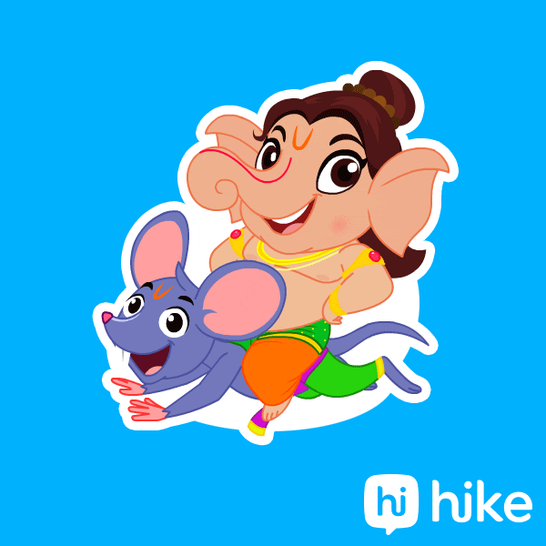 Illustrated gif. Ganesha, an deity with an elephant head, rides a mouse that’s running on all fours as she smiles at us.