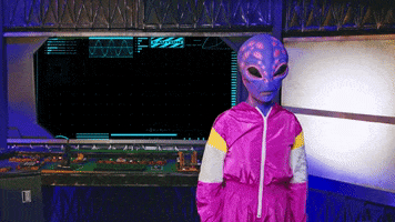 Video gif. Purple alien in a pink jumpsuit looks behind their shoulder to look at a screen that says, “Happy Saturday!” The alien jumps up and raises its arms up in excitement.
