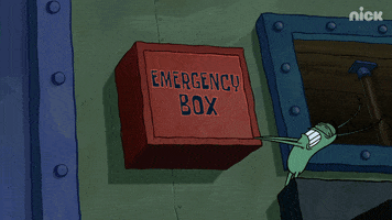 SpongeBob SquarePants gif. Plankton heaves open a square red emergency box, to find SpongeBob squished inside, laughing heartily.
