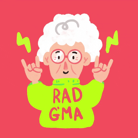 Pohyblivý kreslený gif s rockovou babičkou s nápisem "Radgma". 