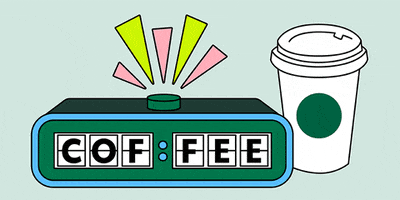 Digital art gif. Analog alarm clock with a Starbucks cup next to it. The alarm clock changes to spell, “Coffee O’clock.”