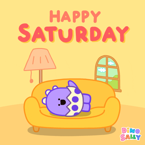Cartoon gif. A purple dinosaur with a cracked, purple polka-dotted egg shell as underwear turns towards us while lying on a yellow couch. Text above reads in bubbly, dark pink font, "Happy Saturday."