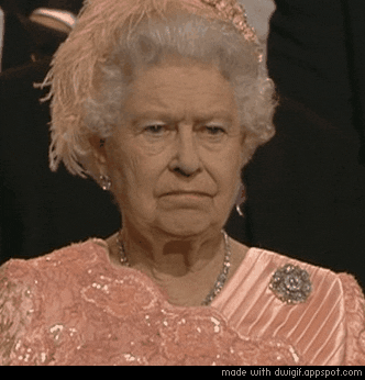 A pair of 8-bit sunglasses slide down onto the face of Queen Elizabeth 