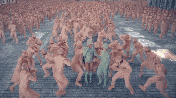 Music video gif. Brendon Urie and Taylor Swift in their music video for ME! They wear pastel blue and are standing admits a sea of dancers wearing pastel pink. Text, "ME!" floats up.