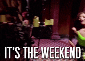 Celebrity gif. Scary Spice, also known as Melanie Janine Brown from the Spice Girls, excitedly dances backward through a mansion. Text, "It's the weekend."