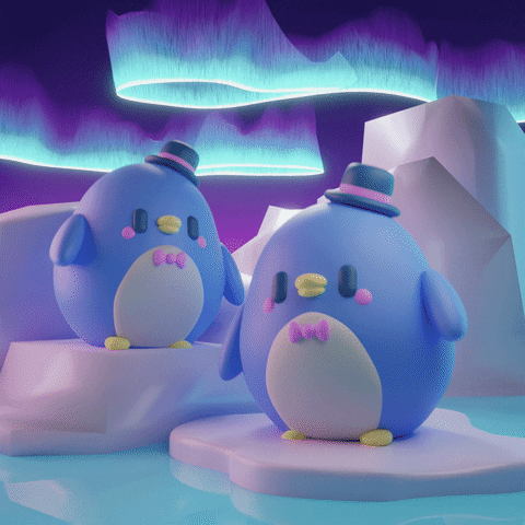 Illustrated gif. Three-dimensional blue round penguins, wearing bowties and bowler hats, bop from side to side in unison on top of ice floes as an aurora illuminates the sky above.