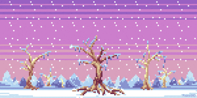 Digital art gif. Pixelated leafless trees rest among a snowy floor as snow falls past the pink and purple sky. 
