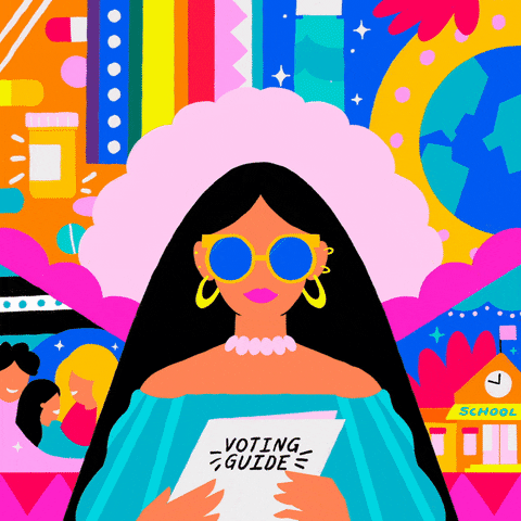 Digital art gif. Woman with flowing black hair wearing sunglasses holds a pamphlet labeled “Voting Guide.” Behind the woman is a colorful collage that includes a family, a school, the earth, and a prescription bottle. Above scrolls the text, “Read a voting guide.”