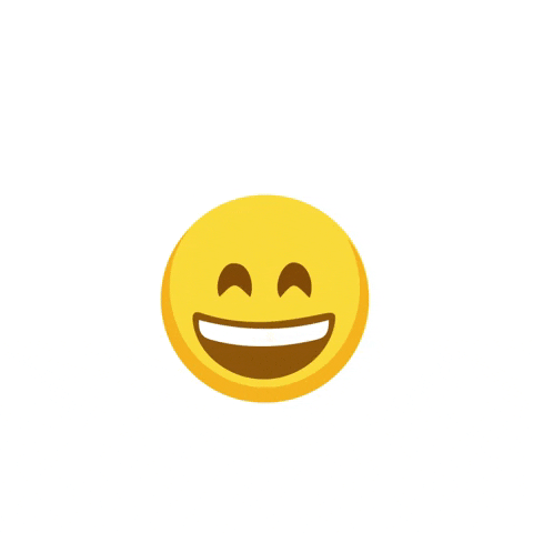 Cartoon gif. A smiley face with closed happy eyes and a wide smile bounces as text appears, "Friday feeling!"