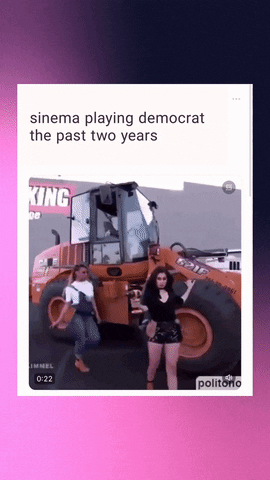 TV gif. From Fifth Harmony's Jimmy Kimmel Live performance of Work From Home, Lauren Jauregui, in wedges hot pants and a toolbelt, flirtatiously slinks around a large tractor, drill in hand, conspicuously making a show of miming construction work. Text, "Sinema playing democrat the past two years."