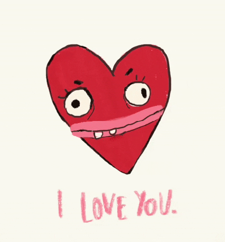 Digital art gif. Red heart with big eyes and a toothy grin blinks one eye, then the other above the message, “I love you.”