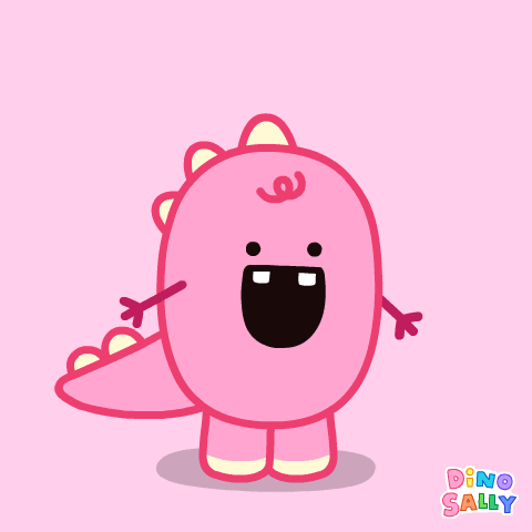 Cartoon gif. DinoSally waves her arms with excitement as someone tosses Blambi, a little yellow dinosaur, over to her catch. She hugs Blambi back and forth with a smiley, squinty-eyed expression against a pale pink background.
