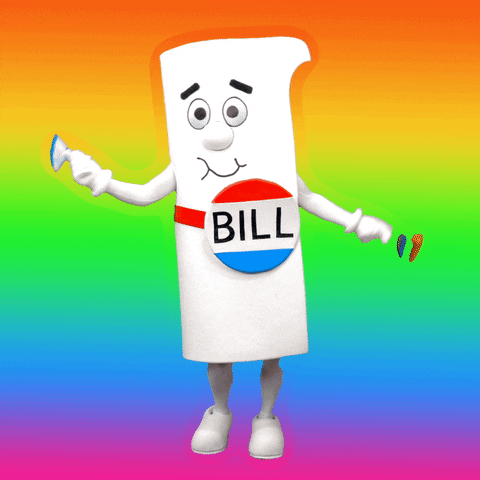 Digital art gif. Bill from Schoolhouse Rock on a rainbow background, dancing in place, limited by his lack of hips, waving two small pride flags around with verve.