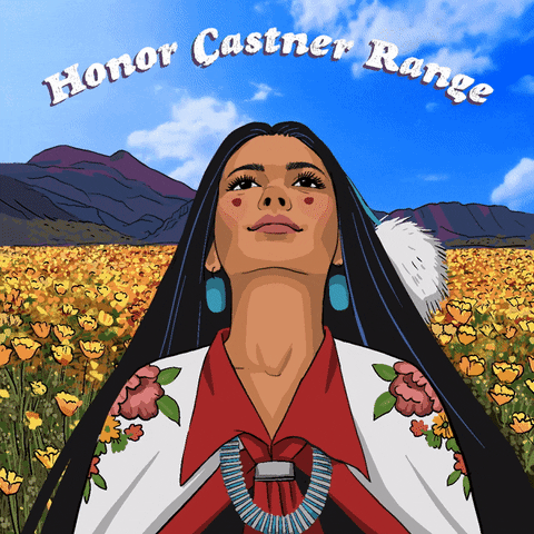 Digital art gif. Cartoon Native American woman dressed in traditional Native garb, her long black hair flowing freely, looks toward the sky, blinking serenely. In the background is a field of gently moving orange poppies amid a large purple mountain range. Text, "Honor Castner Range."