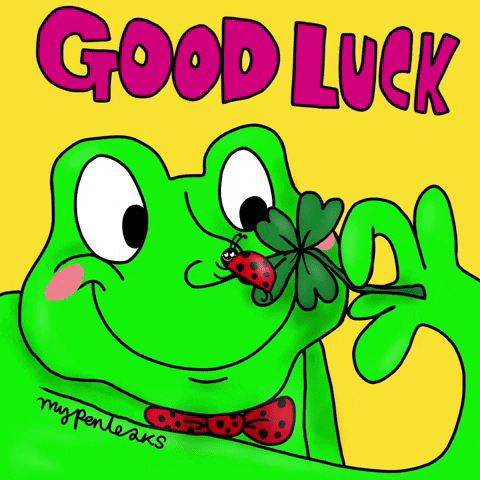 Illustrated gif. A frog holds a four-leaf clover up to its nose and a ladybug dances on it. Text, "Good luck"
