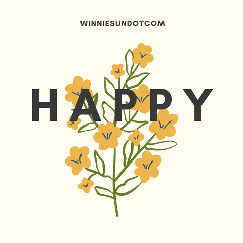 Illustrated gif. A plant with yellow flowers. Beneath the word Happy, the word Friday is gradually written in a rougher font.
