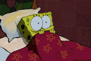 SpongeBob gif. Spongebob lays in bed, holding his blanket over his mouth. He trembles with fear and looks across his room with big, wide eyes.