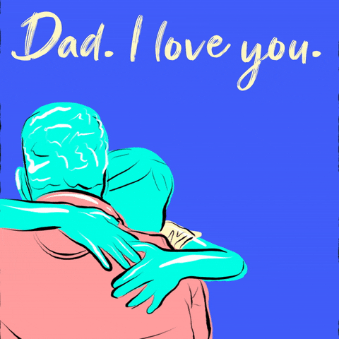 Illustrated gif. Two people hug and a heart appears next to them. Text, “Dad I love you. Please vote.”