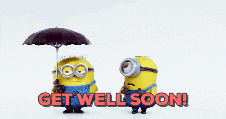 Pohyblivá animace s mimoněma z nichž jeden vytáhne druhému nad hlavou deštník s nápisem "Get well soon!".