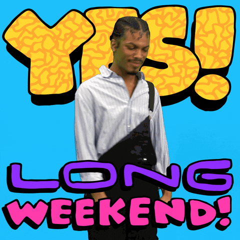 Digital art gif. A man wearing overalls pumps his fists at his sides with joy, shouting the word, "Yes!" as he looks to the sky with happiness. The words "Yes! Long weekend!" appear in yellow, purple and pink capital cartoon bubble letters, all against a bright blue background.